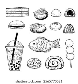 Traditional asian desserts, dango, taiyaki, mochi and bubble tea in black and white style. Ink hand-drawn illustration.