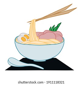 Traditional Asian dish. Illustrations of ramen noodle soup solation on white background. Clip art for poster label sign emblem menu. Vector illustration