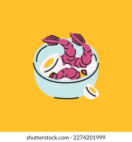 Traditional Asian dish with rice, shrimp and eggs. Vector stylish food illustration. 