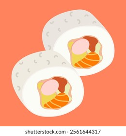 Traditional Asian dishes featuring sushi, dumplings, and seafood delicacies. Vector flat Illustration