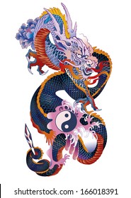  Traditional Asian dragon holding yin yang symbol and a sword, detailed vector illustration.