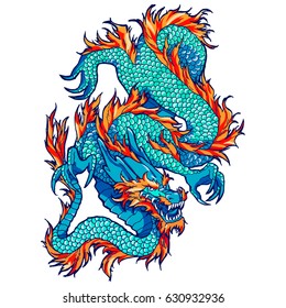 Traditional asian dragon. Vector illustration isolated. Magic, ethnic, boho, alchemy objects linear style. Tattoo outline template. Ideal for coloring book or T-shirt graphic.