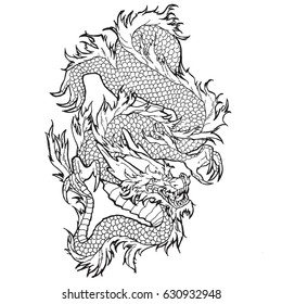 Traditional asian dragon. Vector illustration isolated. Magic, ethnic, boho, alchemy objects linear style. Tattoo outline template. Ideal for coloring book or T-shirt graphic.