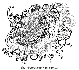 Traditional Asian Dragon.Outline Japanese tattoo or T-shirt graphic