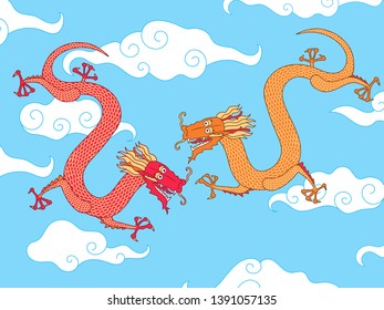 Traditional Asian Dragons with a background of clouds. Vector illustration 