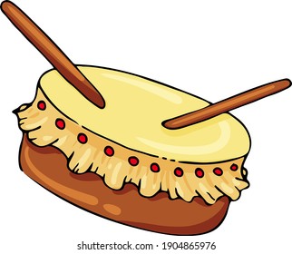 Traditional Asian drum with drumsticks in cartoon style. Vector graphics.