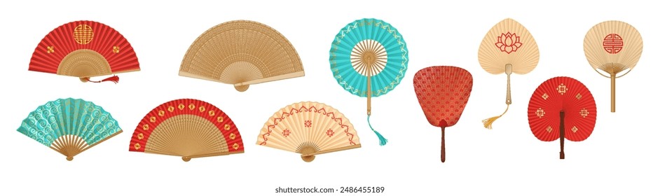 Traditional Asian fans realistic vector illustration set. Chinese culture. Oriental handheld souvenirs 3d objects on white background