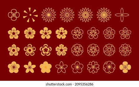 Traditional Asian floral design elements collection, flat, line art flowers, gold on red. Vector illustration. Concept, clipart for Chinese Lunar New Year, Mid Autumn Festival card, banner, poster.