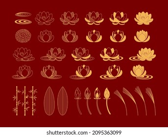 Traditional Asian floral design elements collection, chrysanthemum, lotus, bamboo, gold on red. Vector illustration. Concept, clipart for Chinese Lunar New Year, Mid Autumn Festival, CNY card, banner.