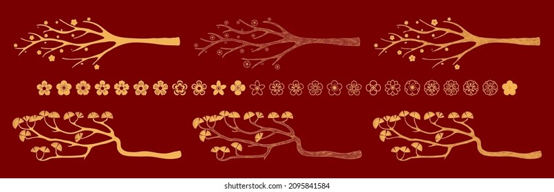 Traditional Asian floral design elements collection, flowers, plum, pine tree branch, gold on red. Vector illustration. Concept, clipart for Chinese Lunar New Year, Mid Autumn Festival card, banner.