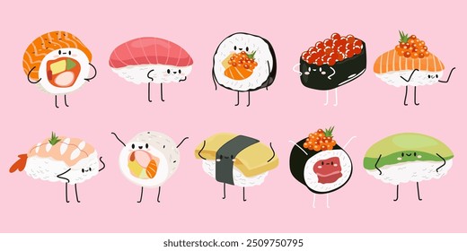 Comida tradicional asiática. Grande conjunto de desenhos animados planos sushi bonito com arroz, salmão, atum, camarão tigre, caviar, peixe, abacate e algas marinhas. Sushi de desenhos animados vetoriais e suas emoções