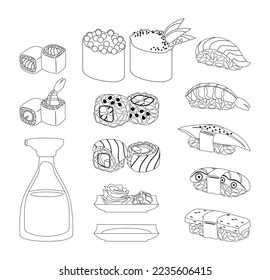 Traditional Asian food. black and white graphics. Japanese traditional cuisine. Poster, banner. Sushi set includes: rolls with shrimp, salmon, tuna omelet, eel, squid with sauce, wasabi and ginger