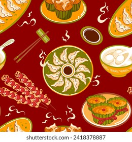 Traditional Asian food for Chinese New Year, seamless pattern. Nian Gao, rice cake. Fa Gao. Southern rice balls Ningbo. Soup balls. Candied hawthorns. Jiaozi. dumplings. chopsticks, soy sauce, cafe.