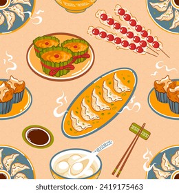 Traditional Asian food for Chinese New Year, seamless pattern. Nian Gao, rice cake. Fa Gao. Southern rice balls Ningbo. Soup balls. Candied hawthorns. Jiaozi. dumplings. chopsticks, Peach Fuzz.
