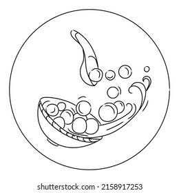 Traditionelles asiatisches Essen heiße süße Tangyuan Suppe Vektorgrafik. Sticky Reisbälle mit Suppe fliegen aus einer Schüssel schwarz-weiß Skizze Zeichnung. Logo für chinesisches Lebensmitteldesign, Emblem, Symbol