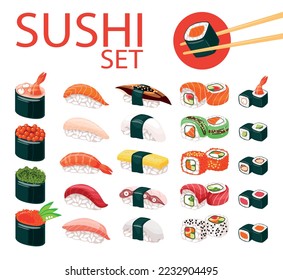 Traditional Asian food. Japanese traditional cuisine. Poster, banner. Sushi set includes: nigiri, rolls, gukan and sauce, wasabi and ginger. White background, isolated object.