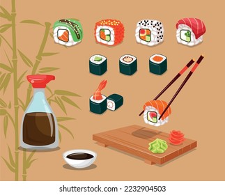 Traditional Asian food. Japanese traditional cuisine. Poster, banner. Sushi set includes: nigiri, rolls, goukans and sauce, wasabi and ginger. Beautiful brown background with bamboo. isolated object.