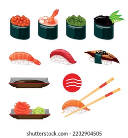 Traditional Asian food. Japanese traditional cuisine. Poster, banner. Sushi set includes: nigiri, rolls, gukan and sauce, wasabi and ginger. White background, isolated object.