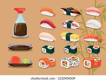 Cocina asiática tradicional. Cocina tradicional japonesa. Afiche, pancarta. El equipo de sushi incluye: nigiri, panecillos, goukans y salsa, wasabi y jengibre. Bonito fondo marrón con bambú. objeto aislado.