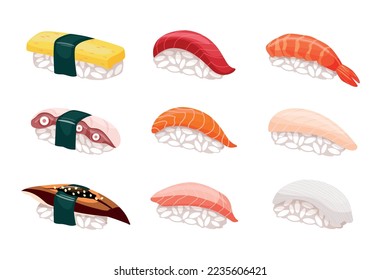 Traditional Asian food. Japanese traditional cuisine. Poster, banner. Sushi set includes: nigiri with shrimp, salmon, tuna omelet, eel, squid with sauce, wasabi and ginger. White background