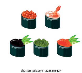 Traditional Asian food. Japanese traditional cuisine. Poster, banner. Sushi set includes: gukan with shrimp, flying fish caviar, salmon caviar and seaweed, sauce, wasabi and ginger. White background