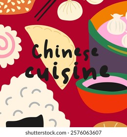 Traditional asian food modern poster. Set of flat vector sushi with rice, salmon, tiger prawn, caviar, seaweed, char siu bao. Banner for sushi bar or restaurant 