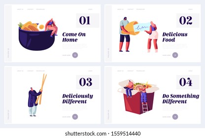 Traditional Asian Food Restaurant Website Landing Page Set. People Eating Chinese Meal, Reading Fortune Message inside of Bake. Visitors in Cafe Web Page Banner. Cartoon Flat Vector Illustration