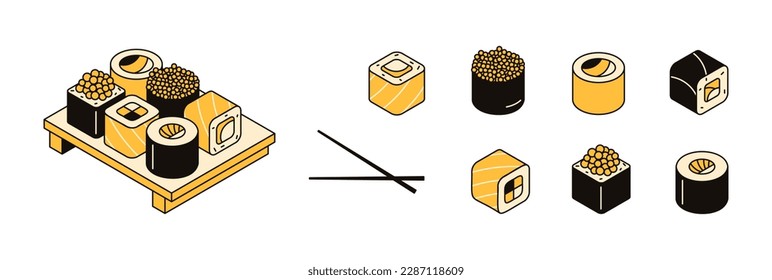 Traditional asian food, serving sushi on board. Collection of 3d seafood icons, japanese cuisine. Set of rolls with rice, salmon, fish, avocado and seaweed. Vector linear isometric illustration