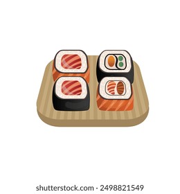 Traditional asian food. Serving sushi set on wooden board. Collection seafood icons, japanese cuisine. Rolls with rice, fish, salmon, avocado and seaweed. Vector illustration.