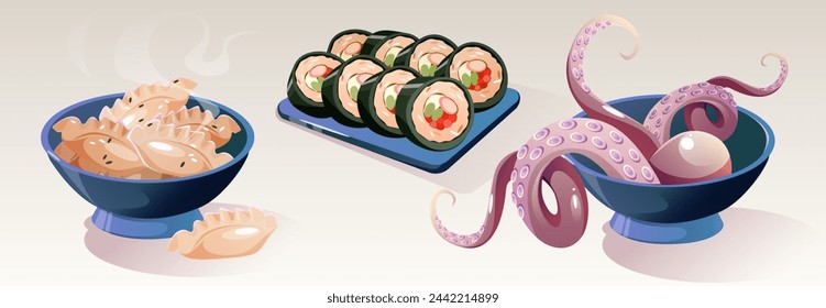 Conjunto de comida tradicional asiática aislado en el fondo. Ilustración vectorial de dibujos animados de bolas de masa hervida, tentáculos de pulpo en tazón, rollos de pescado en plato, platos chinos, coreanos, japoneses, menú de restaurante