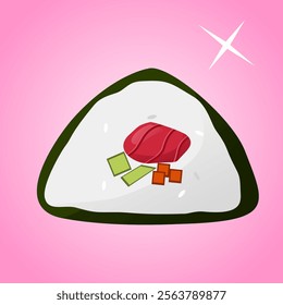 Traditional asian food. Set of sushi rolls with rice, salmon, tuna, caviar, fish, avocado and seawed. Big set of asian food icons on a pink background