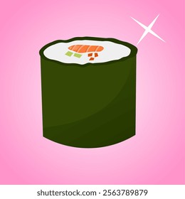 Traditional asian food. Set of sushi rolls with rice, salmon, tuna, caviar, fish, avocado and seawed. Big set of asian food icons on a pink background