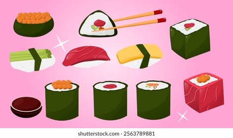 Traditional asian food. Set of sushi rolls with rice, salmon, tuna, caviar, fish, avocado and seawed. Big set of asian food icons on a pink background