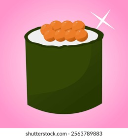 Traditional asian food. Set of sushi rolls with rice, salmon, tuna, caviar, fish, avocado and seawed. Big set of asian food icons on a pink background