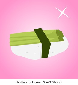 Traditional asian food. Set of sushi rolls with rice, salmon, tuna, caviar, fish, avocado and seawed. Big set of asian food icons on a pink background