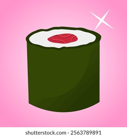 Traditional asian food. Set of sushi rolls with rice, salmon, tuna, caviar, fish, avocado and seawed. Big set of asian food icons on a pink background