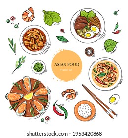 Traditional Asian food - tteokbokki, spicy ramen with noodles, meat, eggs, shrimp soup, mussels. Hand-drawn vector set with Korean dishes in sketch cartoon style for cafe, restaurant menus. Top view