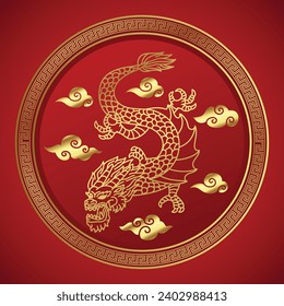 Traditional Asian Gold Dragon in Circle Ornament Background Concept