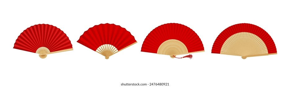 Traditional Asian hand fans realistic vector illustration set. Ancient Chinese accessories for hot weather 3d objects on white background