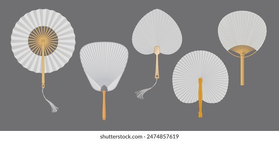 Traditional Asian hand fans of white paper realistic vector illustration set. Traditional souvenir accessory from Asia 3d objects on grey