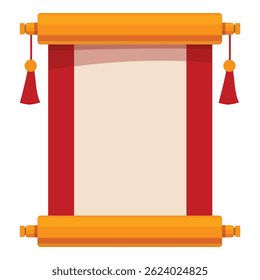 Traditional asian hanging scroll made of paper or silk with wooden dowels and red silk decorations, used for displaying calligraphy, paintings, or proclamations