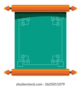Traditional asian hanging scroll with wooden rollers and green canvas is ready for custom text or artwork