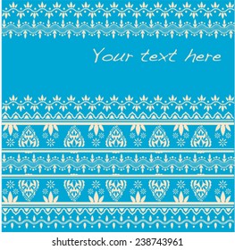 Traditional Asian henna white border design on blue background with space for text