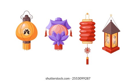 Traditional Asian holiday lanterns flat color vector objects set. Colorful oriental lamps for festive ambience illustrations bundle on white