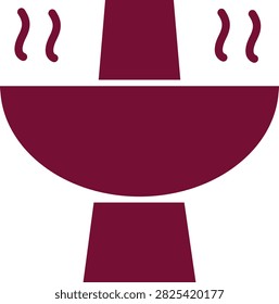 Traditional Asian hot pot flat vector icon. Burgundy silhouette represents a shabu shabu or huoguo steamboat with rising steam. Graphic symbol for cooking delicious broth and soup dishes.