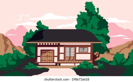 Traditional Asian house flat cartoon illustration. Korean landscape banner design. Hanok building background.
