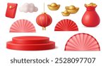 Traditional Asian items on Chinese new year festivity celebration. Vector isolated set of red folding fan, hanging lantern, gold bars, hongbao envelopes and sack with money coins for prosperity