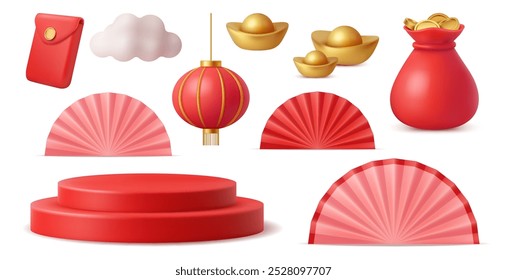 Artigos asiáticos tradicionais na celebração da festividade do ano novo chinês. Vetor conjunto isolado de ventilador dobrável vermelho, lanterna pendurada, barras de ouro, envelopes hongbao e saco com moedas de dinheiro para a prosperidade