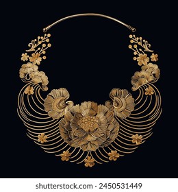 Traditional asian japanese chinese  gold embroidery 3d neckline with bloom textured flowers, leaves, lines. Beautiful jewelry necklace ornament. Blossom floral neckline design. Surface stitch texture.