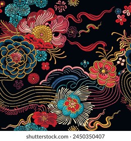 Traditional asian japanese chinese style embroidery floral seamless pattern. Beautiful textured ornamental embroidered flowers background. Vector colorful repeat tapestry backdrop. Stitching lines.